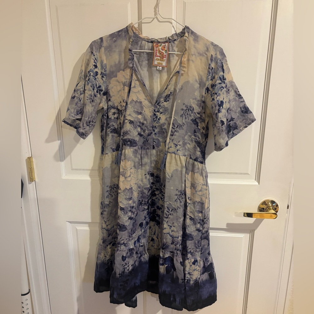 Johnny Was Flutter Sleeve Tiered Dress -  Blue and Cream Floral XS
